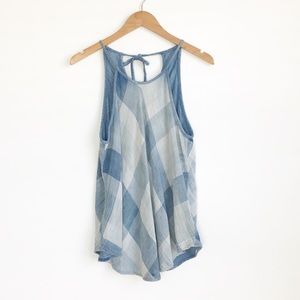 CLOTH & STONE Blue Plaid 100% Cotton Tie Back Top